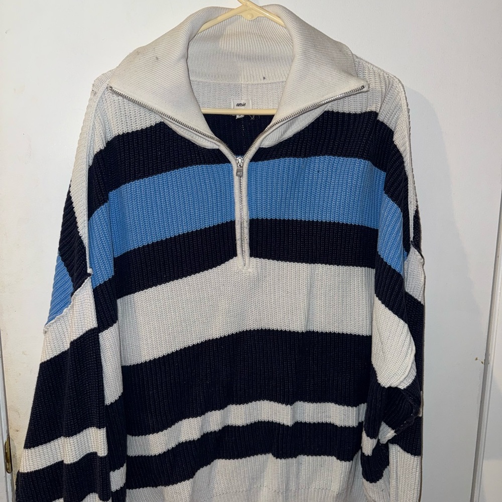 Aerie Women's Zip-Up Sweater in Cream, Blue, and Black